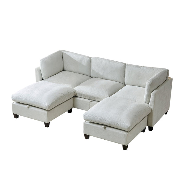 English Elm 96.5" L-shaped Chenille Sectional with Storage Ottoman Eucalyptus Frame Living Room Beige W1097S00284