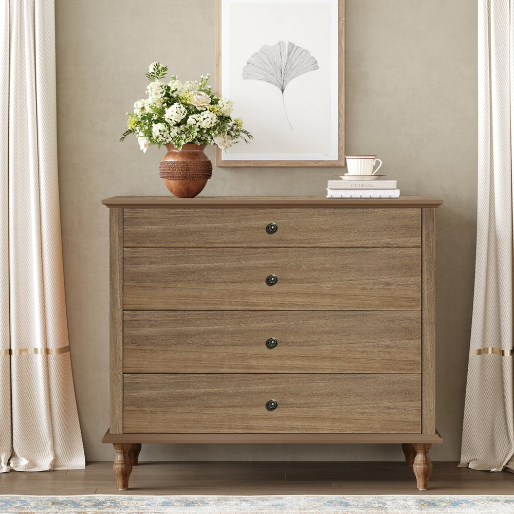 English Elm Large Antique Style 4-drawer Chest with Crown Molding Roman Legs Bedroom Storage Natural & Light Brown,Rustic Brown W1445P422421