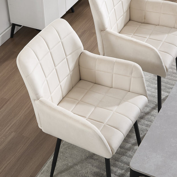 English Elm Dining Velvet Upholstered Armchair with Grid Stitching, Stable Crossed Metal Legs, Cream Comfort — Easy Assemble W3112P254938