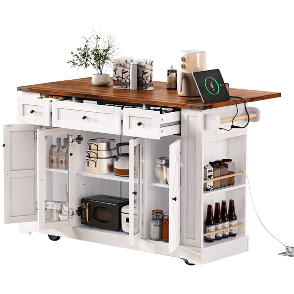 English Elm K&K 53" Farmhouse Kitchen Island with Drop Leaf, Tempered Glass Doors, Power Outlet, Rolling Cart White N707P263637W