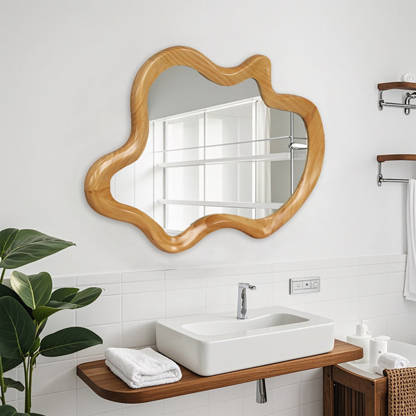 English Elm 33.46" Irregular Wall Mirror with Natural Wood Frame — Organic Flowing Shape, Clear Reflection, Easy Mounting W2295P365037