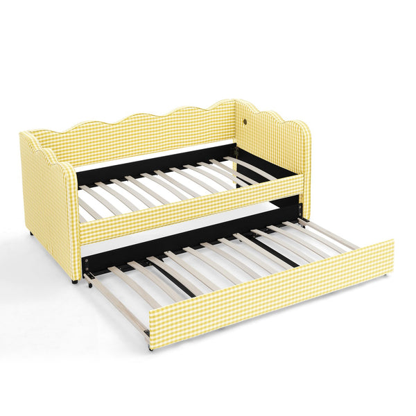 English Elm Cozy Gingham Linen Daybed with Pull Out Trundle Usb Port Wave Back Twin Sofa Yellow W1413S00121