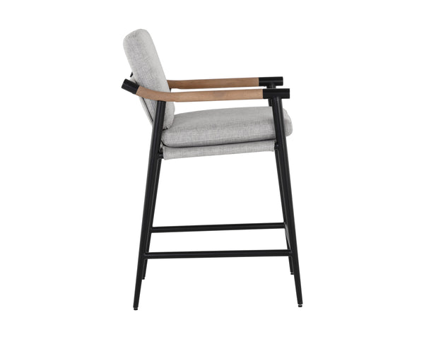 Sunpan Meadow Counter Stool - Timeless Design with Stain-Resistant Fabric and Solid Oak Wood Armrests Vault Fog