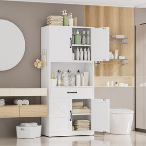 English Elm 71 Inch Steel Kitchen Pantry Cabinet with Adjustable Shelves Drawer and Hooks Modern White T2398P413028