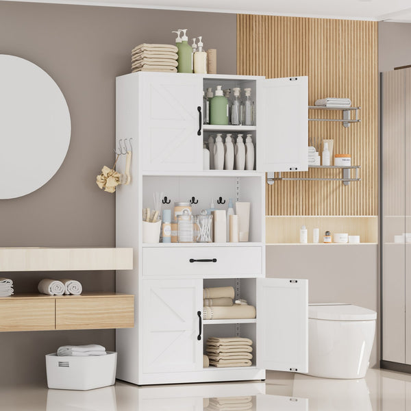 English Elm 71 Inch Steel Kitchen Pantry Cabinet with Adjustable Shelves Drawer and Hooks Modern White T2398P413028