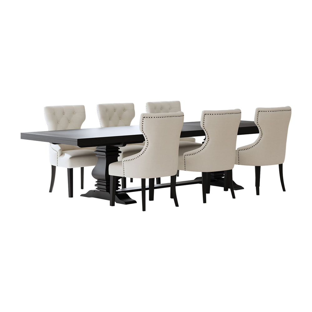 English Elm Beige Wingback 7 Piece Dining Set with Tufted Chairs and Trestle Extension Table B062S01814