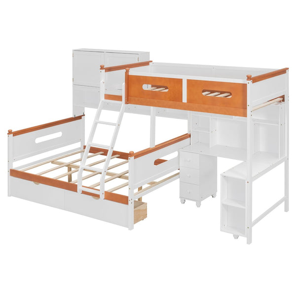 English Elm Twin Over Full Wooden Bunk Bed With Desk, Storage Drawers, Shelves & Led Lights - Stylish & Functional N820S00064K-GIGA