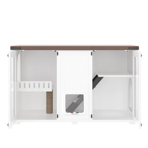 English Elm 47.25" Modern Cat Litter Box Enclosure with LED, Stairs & Scratcher, Smart Door Cabinet Side Table N704P270707K