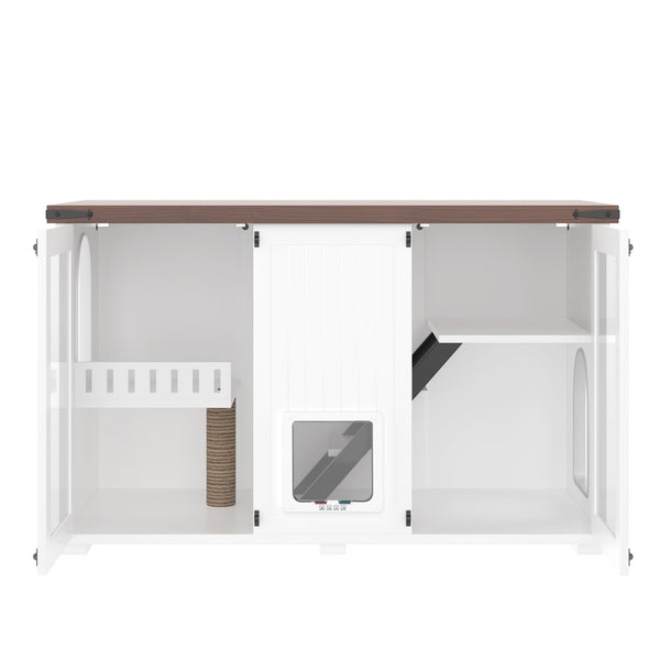 English Elm 47.25" Modern Cat Litter Box Enclosure with LED, Stairs & Scratcher, Smart Door Cabinet Side Table N704P270707K