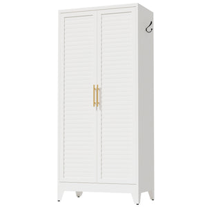 English Elm White Steel Freestanding Wardrobe Cabinet with Rod and Shelves for Dorm or Apartment T2398P480394