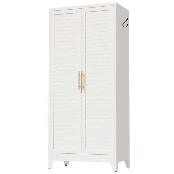 English Elm White Steel Freestanding Wardrobe Cabinet with Rod and Shelves for Dorm or Apartment T2398P480394