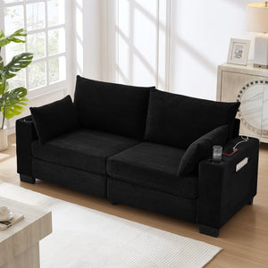 English Elm 78"corduroy Plush Three Seat Sofa with Usb Ports Cup Holders Deep Cushions Apartment Black W3705P455916