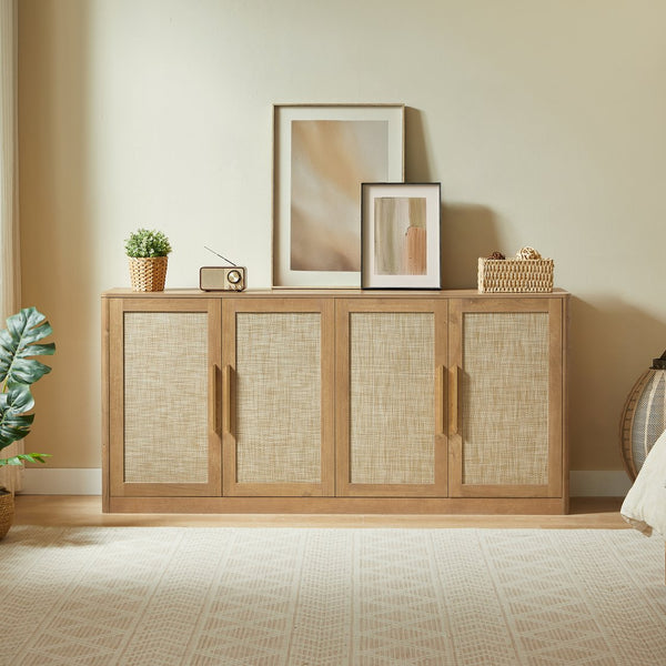 English Elm 67" Rattan Door Boho Credenza Wide Storage Sideboard for Living Room or Entryway W1820P426169