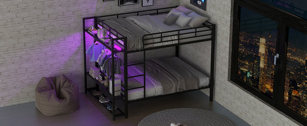 English Elm Full Size Metal Bunk Bed With Led Lighting, Storage Shelves & Hooks - Stylish Space Saver For Teens N7090000667B