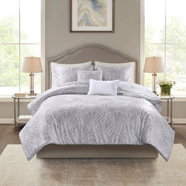 JLA Home Beautyrest - 5 Plush Crushed Velvet Comforter Set with Art Deco Embroidery, Hypoallergenic, Machine Washable Luxury Silver BR9144409622-01