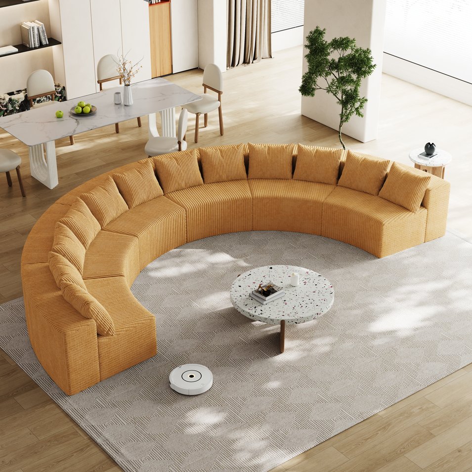 English Elm Corduroy Curved Modular Sofa Sectional With 12 Pillows - Adaptable Comfort For Living Spaces W834S00346