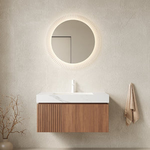 English Elm Muri Floating Bathroom Vanity Sintered Stone Top Oak Plywood Cabinet Soft Close W2615S00620