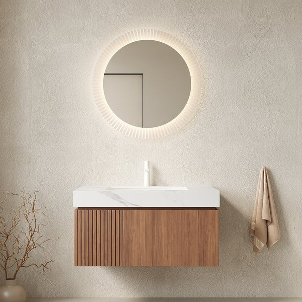 English Elm Muri Floating Bathroom Vanity Sintered Stone Top Oak Plywood Cabinet Soft Close W2615S00620