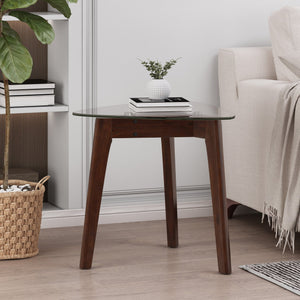English Elm Christopher Knight Home® - END Table Walnut Solid Wood Mid-Century Modern Side Table with Glass Top, Splayed Legs, 27.75"L x27"W 68682.00