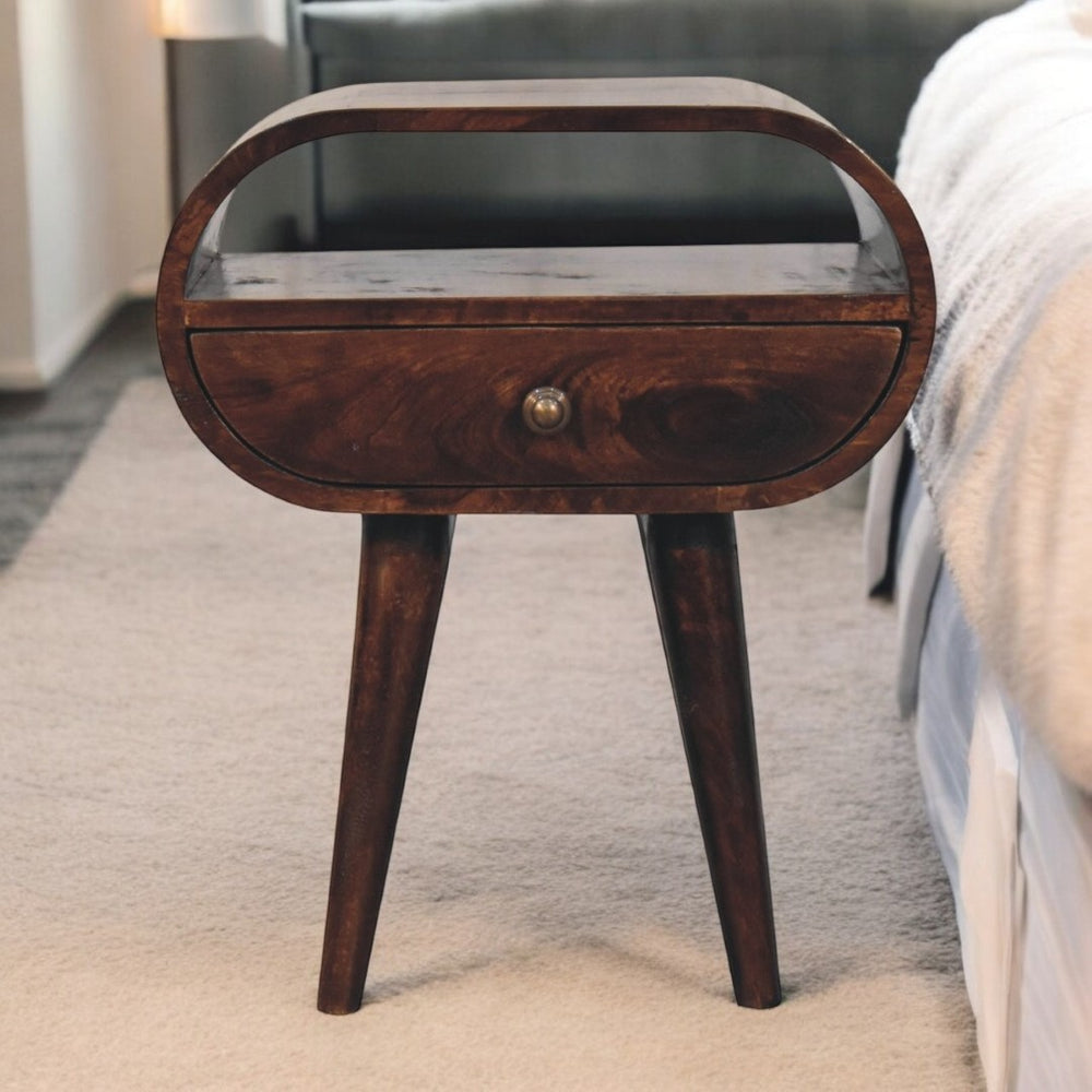 English Elm Solid Wood California Walnut Circular Bedside Table With Drawer & Open Slot For Modern Spaces B182P279279-GIGA