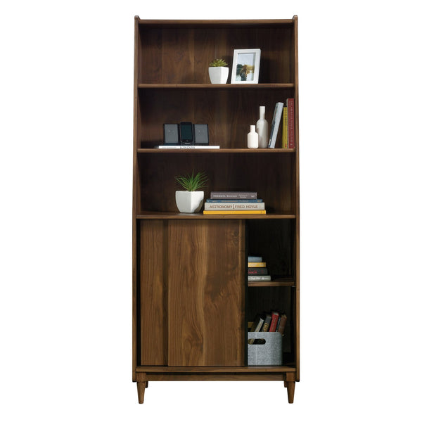 English Elm Wide Bookcase Brown Finish — 72" Engineered Wood Storage with Sliding Doors, 2 Fixed + 1 Adjustable Shelf, Durable Design B356P402663