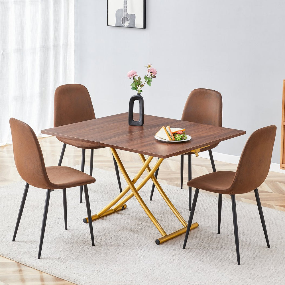 English Elm Table and Chair Set Adjustable Height Mdf Wood Grain Top with 4 Upholstered Seats Brown,Golden W1151S04092