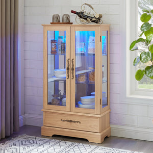 English Elm Lighted Glass Curio Display Cabinet - Elegant Oak Finish, Led Lighting, Adjustable Shelves & Secure Storage W1758P290020