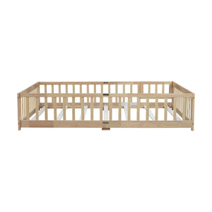English Elm Queen Rubber Wood Floor Bed with Full Perimeter Safety Fence and Hinged Access Door Natural W504P429341