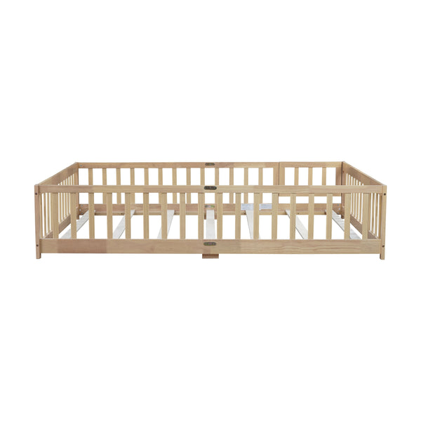 English Elm Queen Rubber Wood Floor Bed with Full Perimeter Safety Fence and Hinged Access Door Natural W504P429341