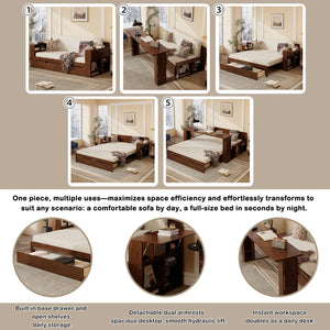 English Elm Queen Daybed with Hydraulic Desk Storage Drawers and Convertible Sofa for Small Spaces Espresso LT000272AAP