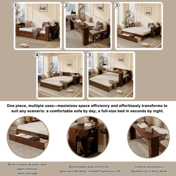 English Elm Queen Daybed with Hydraulic Desk Storage Drawers and Convertible Sofa for Small Spaces Espresso LT000272AAP