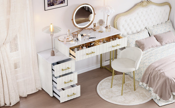 English Elm Velvet Upholstered Vanity Desk Set with Marble-Look Top, Padded Chair, 5 Spacious Drawers & Gold Accents Beige 17.5 L x 16.3 W x 16.1 H N733S272606A