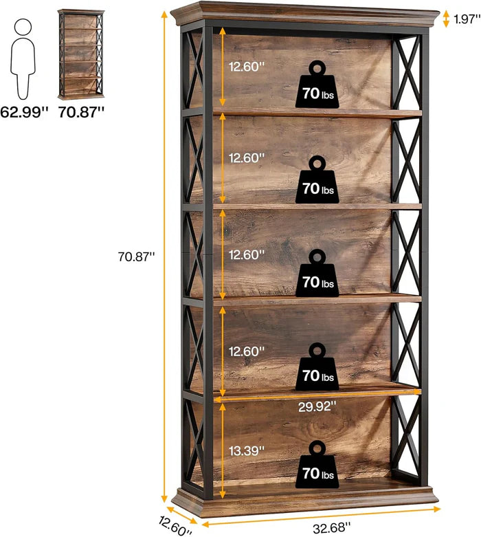 English Elm Display Cabinet Wall Mounted 5 Tier Glass Door Shelving for Collectibles Matte Black T3971P446848