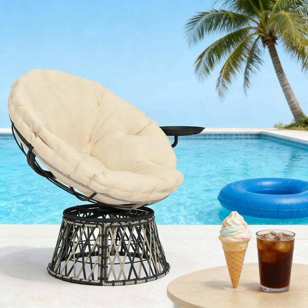 English Elm Circle Swivel Papasan Outdoor Chair Pe Wicker Tufted Cushion with Built in Side Tray T3971P444225