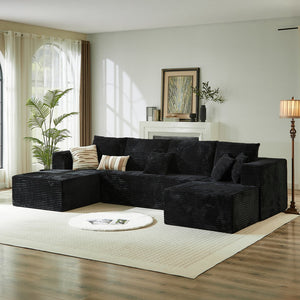 English Elm 133.86" Cloud Modular U-shaped Sectional Ribbed Corded Fabric Deep Seat Living Room Sofa Black W668S00009