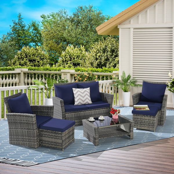 English Elm 6 Piece Outdoor Wicker Sectional with Tempered Glass Table and Weather Resistant Cushions W874P264692