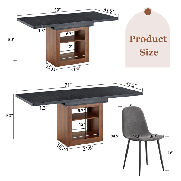 English Elm Expandable Walnut Dining Set with Four Linen Chairs Seats Six in Modern Style Dark Gray,Walnut+Black W1151S04693