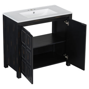 English Elm 36" Bathroom Vanity Organizer with Ceramic Sink, Solid Wood Distressed Finish, Hand-Painted Charm and Ample Storage Espresso N729P255666P