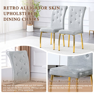 English Elm A Set of 2 Crystal Button Faux Leather Dining Chairs with Embossed Croc Texture Gold,Gray W3226P340256