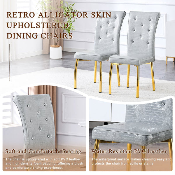 English Elm A Set of 2 Crystal Button Faux Leather Dining Chairs with Embossed Croc Texture Gold,Gray W3226P340256