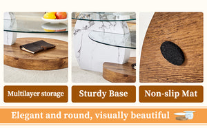 English Elm Contemporary Dual Tier Oval Glass Coffee Table with Marble and Wood Tone Base W1151P233589