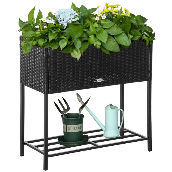English Elm Outsunny Stylish Raised Garden Bed With Rattan Wicker Look, Tool Shelf & Portable Design For Easy Gardening W2225P200541-GIGA