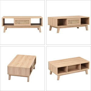 English Elm Coffee Mid Century Storage Coffee Table with Rattan Drawer, Solid Wood Legs, Durable 110lb Capacity Natural T3623P380679