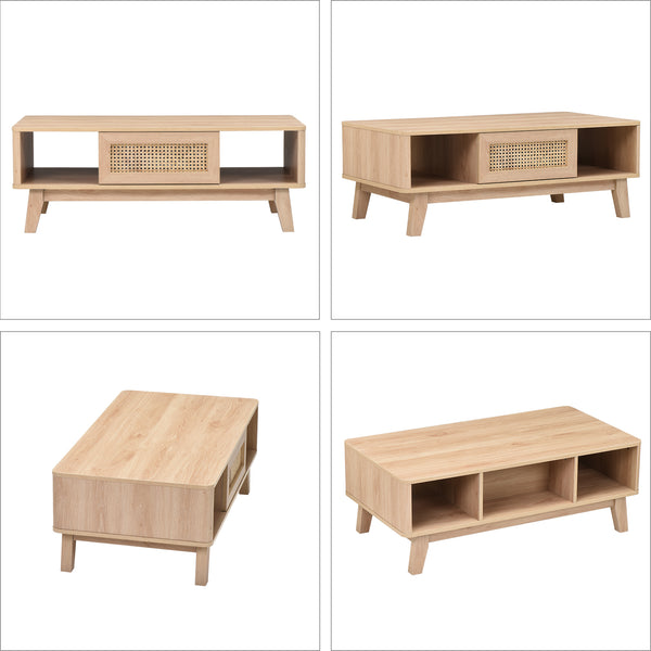 English Elm Coffee Mid Century Storage Coffee Table with Rattan Drawer, Solid Wood Legs, Durable 110lb Capacity Natural T3623P380679