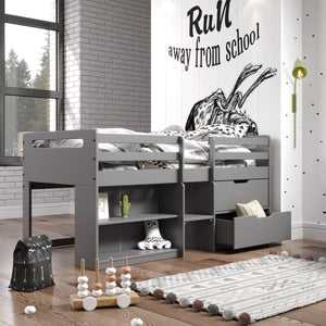 English Elm Fabiana Gray Twin Loft Bed with Storage Drawers & Open Shelves, Ladder, Slat System Included B2726S00219