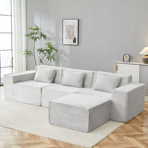 English Elm L-shaped Corduroy Sectional with Ottoman Three Seat Modular Sofa for Modern Living Light Gray W2699S00081