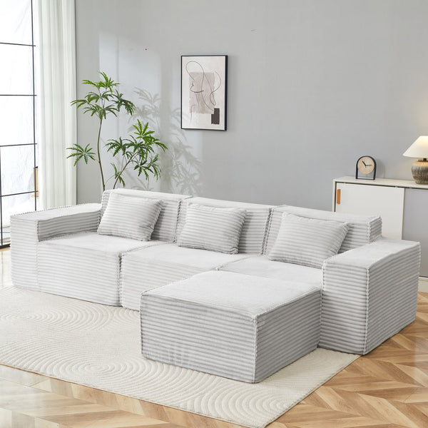 English Elm L-shaped Corduroy Sectional with Ottoman Three Seat Modular Sofa for Modern Living Light Gray W2699S00081