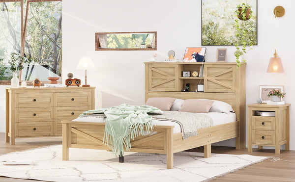 English Elm 3-Pieces Bedroom Set Full Size Farmhouse Platform Bed with Storage Headboard, Nightstand & Dresser Natural 59.25 L x 18.31 W x 8.27 H N733S369048M