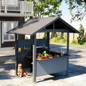 English Elm 9.4x6.2 Ft Hardtop Grill Gazebo Galvanized Steel Gable Roof with Shelves Patio Backyard Gray W1859S00207