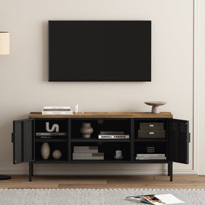 English Elm Landen 47" Metal Storage Cabinet with Wood Top and Cable Management — Sleek Industrial TV Console, Adjustable Legs Black B365P397848